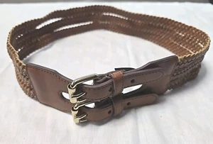 BCBG MAXAZRIA Tan Brown Woven Braided Double Buckled Three Strands Wide Belt M - Picture 1 of 11
