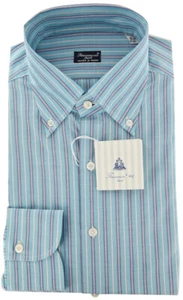Finamore Napoli Light Blue White, Navy Blue Striped Shirt 16/41 - Picture 1 of 4