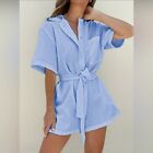 Commense Light Blue Button Down Tied Cotton Jumpsuit Size XS