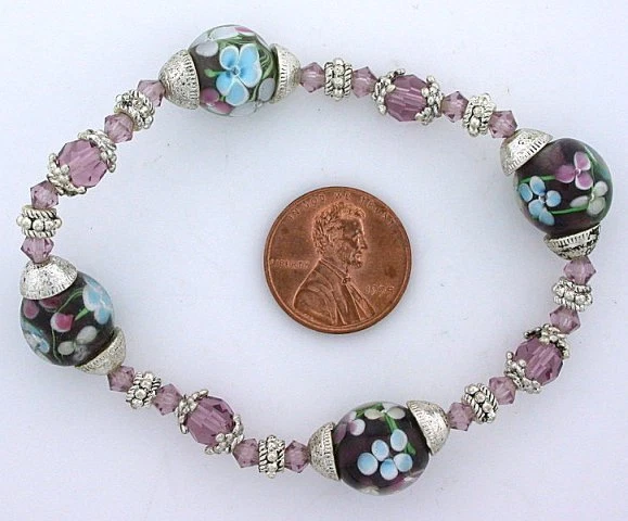 PULSERA ELÁSTICA PELTRE VIDRIO MURANO FLOR FLORAL COLOR AMATISTA PÚRPURA ms42 Foto 1 de 1