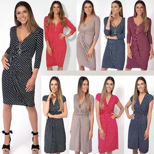 Womens Polka Dot Dress Pleated Skirt Wrap Front Mini V Neck Top Swing - Picture 1 of 46