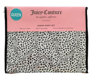 Juicy Couture QUEEN Sheet Set Cheetah Print White Polyester Sheets Logo NEW - Picture 1 of 5