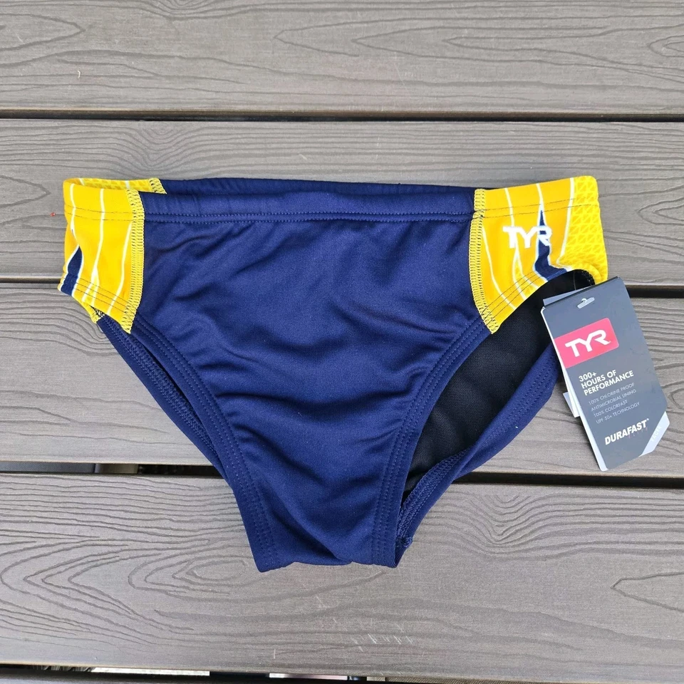 TYR Boy's Men's Durafast Elite Phoenix Navy/gold Swim Racer Brief SZ 28 New - Image 1 of 3