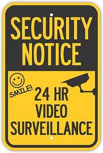 INSEGNA VIDEOSORVEGLIANZA 12"X18" AVVISO DI SICUREZZA 24 ORE metallo resistente giallo - Foto 1 di 1