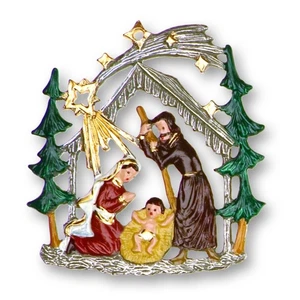 Krippe im Wald doppelseitig Zinn deutscher Weihnachtsschmuck 2,25 cm - Bild 1 von 2