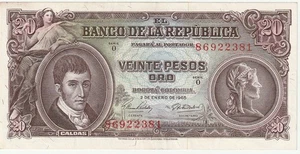 Banconota Colombia 20 Pesos Oro 1965 Ottime Condizioni Scegli #401-C - Foto 1 di 2