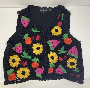 Vintage 90s Carole Little Crochet Sweater Vest Summer Fruit Sunflower XL Y2K - Picture 1 of 7