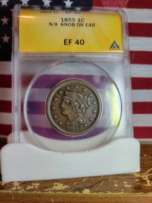 Centavo grande 1855 ANACS EF 40 **Perilla en la oreja** ""Centavo para cabello trenzado"" Foto 1 de 4