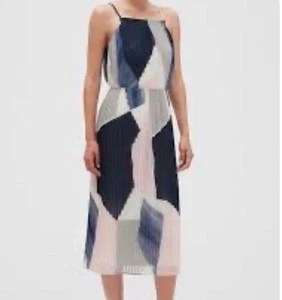Banana Republic rosa blau geometrisches Plissee Neckholder Midikleid Fit Flare Gr. 12 - Bild 1 von 16