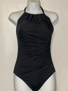 Traje de baño Badgley Mischka de una pieza cuello alto negro talla 6 cuello halter acanalado - Imagen 1 de 9