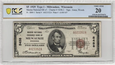 1929 Milwaukee Wisconsin $5 National Banknote PCGS Very Fine 20 - Image 1 of 2