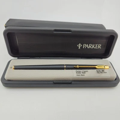 Bolígrafo Parker clásico negro mate borde dorado con estuche vintage Foto 1 de 4