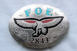 Vintage FOE Hand Made Turquoise Coral Inlay Eagle Western Belt Buckle - Picture 1 of 4