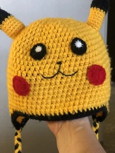 Pokémon Pikachu Crochet Knitted Beanie With Black And Yellow Braised Tassels - Picture 1 of 6