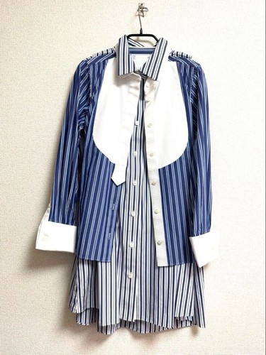 Abito Camicia Sacai Righe Strati Blu Cotone Campione Taglia M Collo Bottone