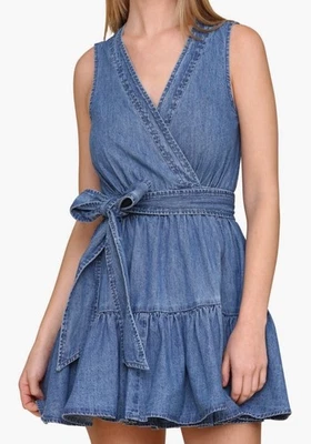 Avec Les Filles Tie Waist Wrap Women’s Denim Minidress Sz 10 $159 - image 1 of 3