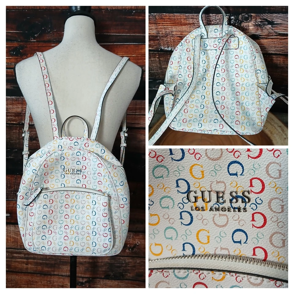 Bolso Guess Blanco Arco Iris Logo Mini Mochila Multi Bolsillos Correas Ajustables NUEVO Foto 1 de 4