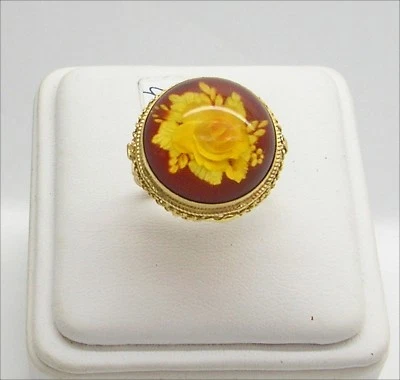 Anillo de Oro Amarillo 18KT Con Ámbar Grabado Flor 18MM Ognk 024 - Imagen 1 de 3