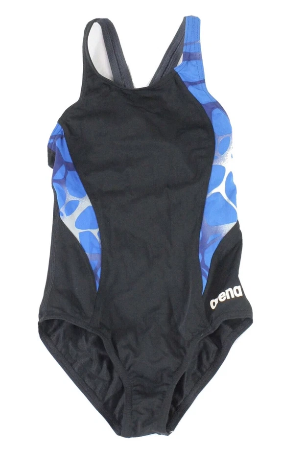 Arena 女孩泳装蓝色黑色 30 码泳装色块镂空 70 美元全新无标签 — 第 1/1 张图片