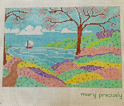 Mary Precisely Needlepoint Hand Painted Canvas Sailboat Landscape Design  New - Image 1 of 4