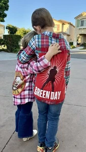 GREEN DAY 90s Punk Rock Retro Vintage Upcycled Plaid Flannel Kids Shirt Sz 7/8 S - Picture 1 of 11