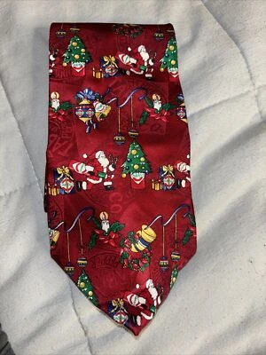 Tabasco Mens Holiday Tie Red w/ Christmas Theme 100% Silk 57.5"L X 4"W - Image 1 of 3