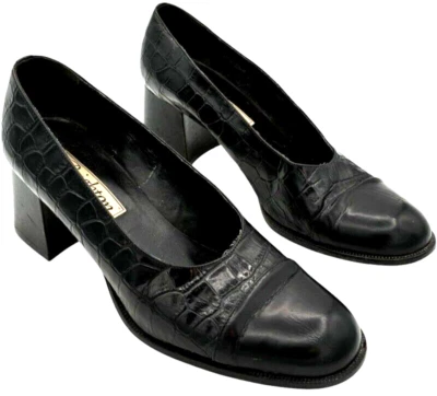 Brighton Mujer Negro Cocodrilo Estampado Cuero Bloque Tacón 2" Zapatos Talla 8.5 N Foto 1 de 4