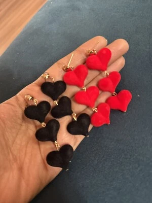 Heart Earrings Long Dangle Wholesale Gold Black Red Velvet Lot 2 Pairs  Pierced - Image 1 of 4