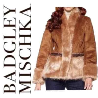 Chaqueta Badgley Mischka camel con abrigo de gamuza sintética con ribete sintético (pequeña) nueva con etiquetas $224 Foto 1 de 4