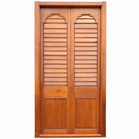 Antique Large Anglo Indian Teak Louvered Double Door with Frame c. 1850 Cover