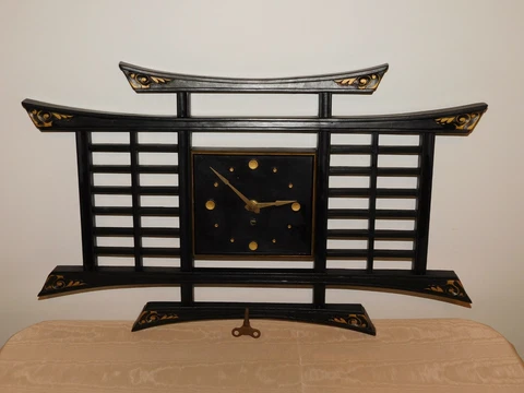 VINTAGE 26" X 16" HIGH ORIENTAL  WIND UP WALL CLOCK with KEY Cover