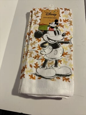 Disney Mickey Mouse Fall Autumn 2 Pack Hand Bath Towels Leaves Falling Multi NEW - Image 1 of 4