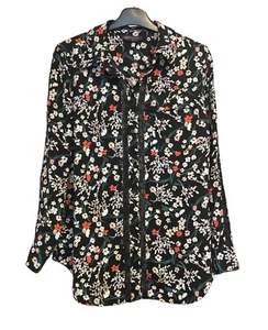 M&S Size 12 Long Sleeved Blouse Shirt Black Floral Lace Trim Button Front Pocket - Picture 1 of 6