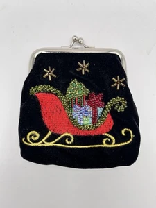 Vendula London Santa Sleigh Velvet Coin Purse Black With Sequins Kiss Lock - Picture 1 of 7