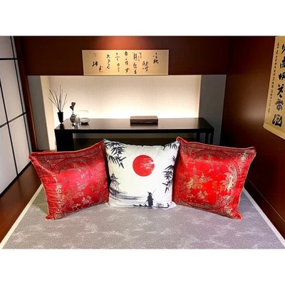 Asian Decor Pillows Set of 3 Red Gold Oriental Japanese Style Throw Cushions - Image 1 of 4