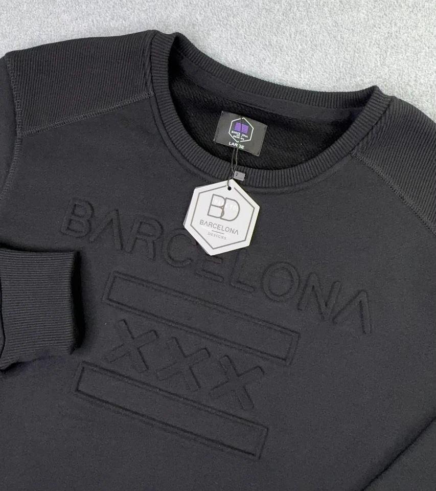 NUEVA Sudadera Barcelona Designs Cuello Redondo Talla Grande Monocromo Negra Diseñador Foto 1 de 4
