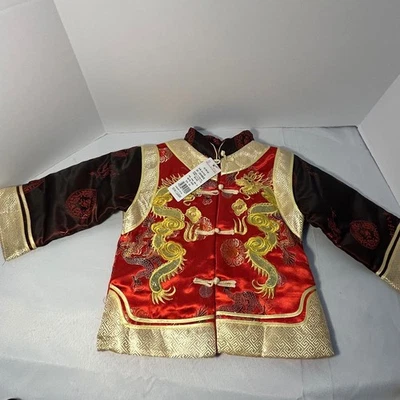 Kids Chinese Dragon Jacket Red Gold Black Silk Satin Silk Lined Traditional - Image 1 of 4