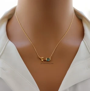 18K Gold Plated March Aquamarine Birthstone Tulip Pendant Necklace - Picture 1 of 3