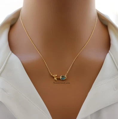 Colar pingente de tulipa folheado a ouro 18K com pedra de nascimento de água-marinha de março - Imagem 1 de 3