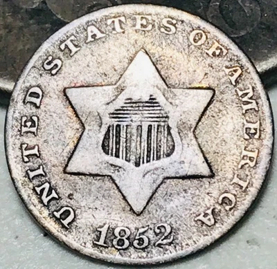 1852 Three Cent Silver Piece Trime 3c Type 1 Ungraded Choice US Coin CC27744 - Image 1 of 4