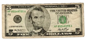 2006 $5 Fancy Bank Note - HF 8554 8555 A - w/Bonus $1 Blue Silver Certificate - Picture 1 of 4