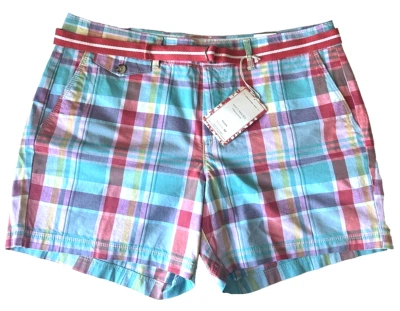 Dockers 14P Plaid Soft Shorts Blue Pink Yellow Belted Preppy Classic Flat Front - Image 1 of 4