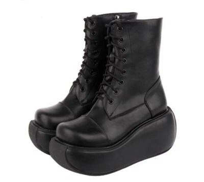 Женщин моды панк готический круглый носок шнурует вверх лодыжки ботинки на танкетке середины каблуки туфли - Изображение 1 из 4