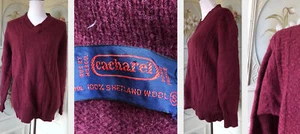 VTG CACHAREL 100% SHETLAND WOOL PULLOVER V-NECK SWEATER MAROON HIP-LENGTH EUC S - Picture 1 of 11