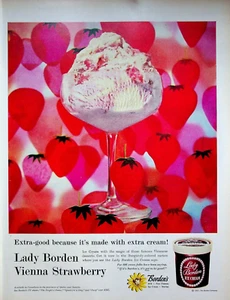 1957 Lady Borden Vienna Strawberry Ice Cream Print Ad Burgundy Colored Carton - Picture 1 of 1