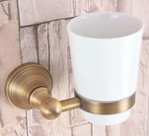 Antique Brass Toothbrush Holder with Ceramic Cup Bathroom Accessory Wall Mount - Picture 1 of 8