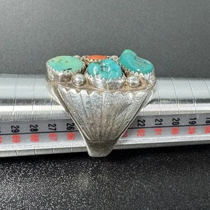 Large Native American Ring Turquoise & Red Coral Silver Size 11 Singed “LARGO” - Picture 1 of 14