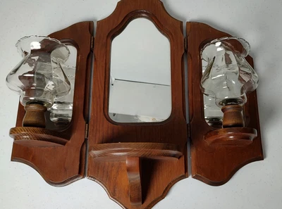 VTG Wood Framed Hinged 3 Mirror Wall Shelf Sconce with 2 Pegged Candle Holders - Image 1 of 4