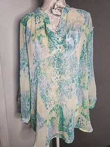 Blusa Pullover Thesis Estampado Animal Azul Amarillo Verde Transparente Manga Larga Hi-Lo XL - Imagen 1 de 14