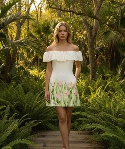 $495 Nicholas The Label Uma Ruffed Off The Shoulder Mini Floral Dress Size 10 - Picture 1 of 14